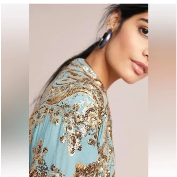 Anthropologie Ettawa Sequins Turquoise and Gold Toned Kimono Jacket- M/L - Picture 4 of 13